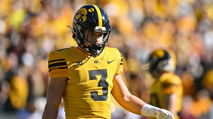 Oct 21, 2023; Iowa City, Iowa, USA; Iowa Hawkeyes defensive back Cooper DeJean (3) looks on during Oct 21, 2023; Iowa City, Iowa, USA; Iowa Hawkeyes defensive back Cooper DeJean (3) looks on during