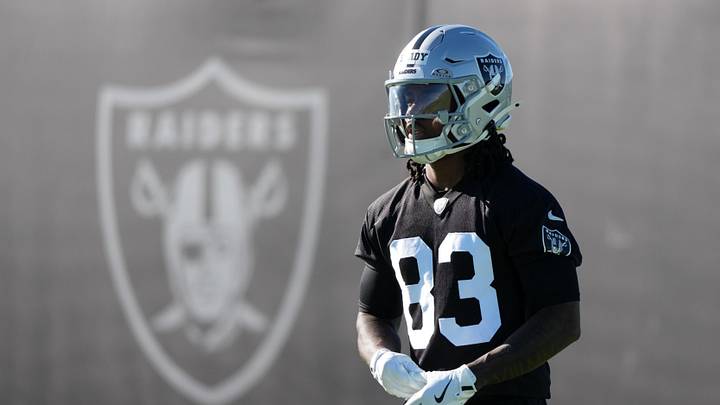 Jun 9, 2026; Henderson, NV, USA; Las Vegas Raiders receiver Jonathan Brady (83) during minicamp at Intermountain Health Performance Center. Mandatory Credit: Kirby Lee-Imagn Images