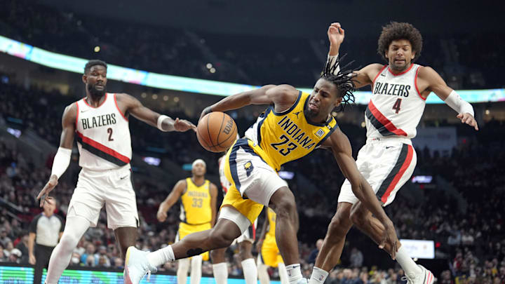Jan 19, 2024; Portland, Oregon, USA; Indiana Pacers small forward Aaron Nesmith (23) controls the ball as Portland Trail Blazers shooting guard Matisse Thybulle (4) defends during the first half at Moda Center. Mandatory Credit: Soobum Im-Imagn Images Jan 19, 2024; Portland, Oregon, USA; Indiana Pacers small forward Aaron Nesmith (23) controls the ball as Portland Trail Blazers shooting guard Matisse Thybulle (4) defends during the first half at Moda Center. Mandatory Credit: Soobum Im-Imagn Images