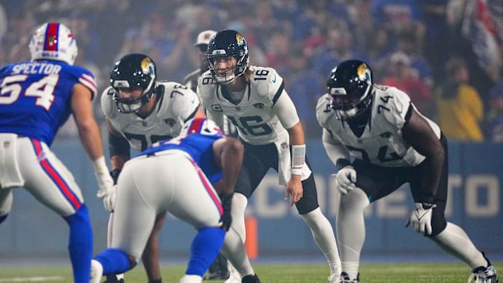 Sep 23, 2024; Orchard Park, New York, USA; Jacksonville Jaguars quarterback Trevor Lawrence (16) calls signals against the Buffalo Bills during the first half at Highmark Stadium. Mandatory Credit: Gregory Fisher-Imagn Images