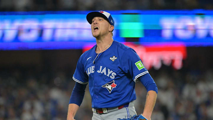 Oct 27, 2025; Los Angeles, California, USA; Toronto Blue Jays pitcher Jeff Hoffman (23) reacts in the tenth inning against the Los Angeles Dodgers during game three of the 2025 MLB World Series at Dodger Stadium. Mandatory Credit: Jayne Kamin-Oncea-Imagn Images