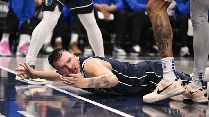 Oct 24, 2024; Dallas, Texas, USA; Dallas Mavericks guard Luka Doncic (77) reacts to being fouled during the second half against the San Antonio Spurs at the American Airlines Center. Mandatory Credit: Jerome Miron-Imagn Images