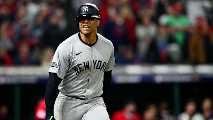 Oct 19, 2024; Cleveland, Ohio, USA; New York Yankees outfielder Juan Soto (22) celebrates after hitting a three run home run during the tenth inning against the Cleveland Guardians during game five of the ALCS for the 2024 MLB playoffs at Progressive Field. Mandatory Credit: David Dermer-Imagn Images
