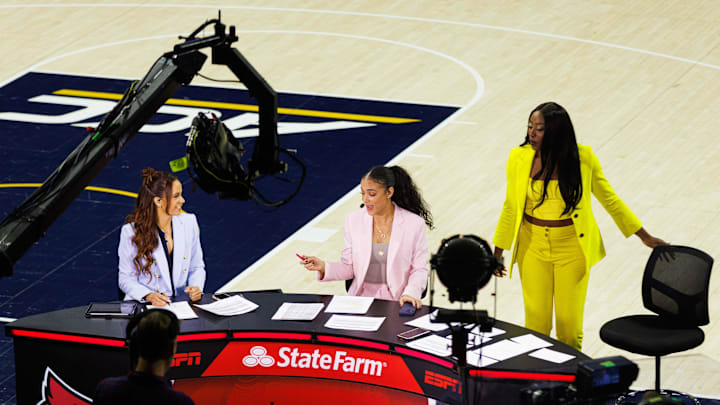 College GameDay hosts (left to right) Elle Duncan, Andraya Carter and Chiney Ogwumike host the show courtside before a NCAA women's basketball game between No. 3 Notre Dame and No. 25 Louisville at Purcell Pavilion on Sunday, March 2, 2025, in South Bend.