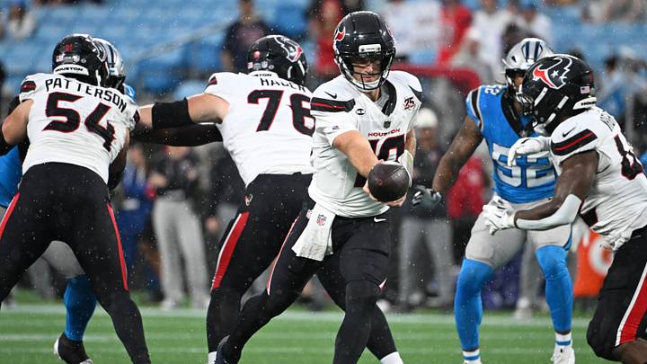 Aug 28, 2026; Charlotte, North Carolina, USA; Houston Texans quarterback Davis Mills (10) hands off the ball during the first quarter against the Carolina Panthers at Bank of America Stadium. Mandatory Credit: Bob Donnan-Imagn Images Aug 28, 2026; Charlotte, North Carolina, USA; Houston Texans quarterback Davis Mills (10) hands off the ball during the first quarter against the Carolina Panthers at Bank of America Stadium. Mandatory Credit: Bob Donnan-Imagn Images