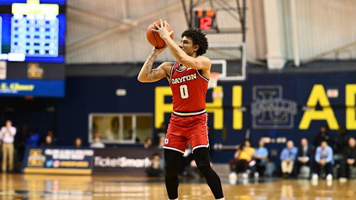 Jan 23, 2024; Philadelphia, Pennsylvania, USA; Dayton Flyers guard Javon Bennett (0) shoots against La Salle. 