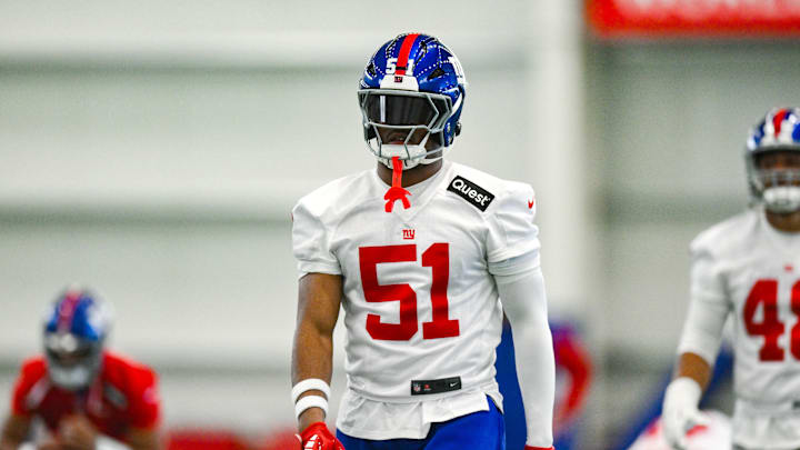 Jun 18, 2025; East Rutherford, NJ, USA; New York Giants linebacker Abdul Carter (51) warms up during minicamp at Quest Diagnostics Training Center. Mandatory Credit: John Jones-Imagn Images