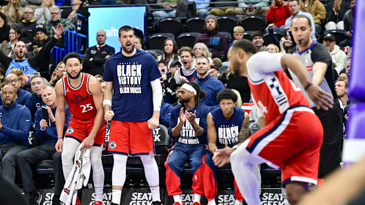 Feb 13, 2025; Salt Lake City, Utah, USA; LA Clippers bench reacts after a basket against the Utah Jazz during overtime at the Delta Center. Mandatory Credit: Christopher Creveling-Imagn Images Feb 13, 2025; Salt Lake City, Utah, USA; LA Clippers bench reacts after a basket against the Utah Jazz during overtime at the Delta Center. Mandatory Credit: Christopher Creveling-Imagn Images