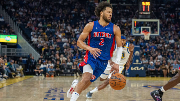 Oct 13, 2024; San Francisco, California, USA; Detroit Pistons guard Cade Cunningham (2) drives to the net against the Golden State Warriors during the first quarter at Chase Center. Mandatory Credit: Neville E. Guard-Imagn Images Oct 13, 2024; San Francisco, California, USA; Detroit Pistons guard Cade Cunningham (2) drives to the net against the Golden State Warriors during the first quarter at Chase Center. Mandatory Credit: Neville E. Guard-Imagn Images