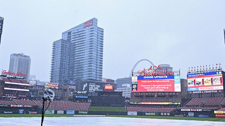 May 3, 2025; St. Louis, Missouri, USA;  A general view of the trap on the field after the game between the St. Louis Cardinals and the New York Mets was postponed at Busch Stadium. Mandatory Credit: Jeff Curry-Imagn Images