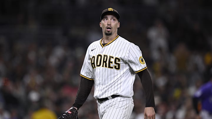 San Diego Padres starting pitcher Blake Snell (4) reacts