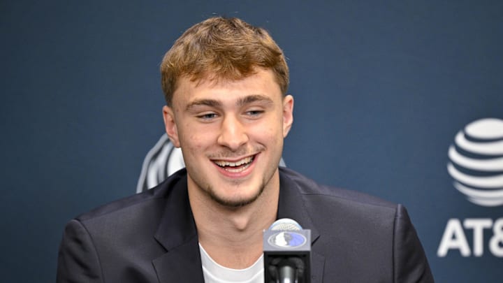 Jun 27, 2025; Dallas, TX, USA; Dallas Mavericks first overall pick Cooper Flagg speaks to the media during a press conference at the Dallas Mavericks Practice Facility. Mandatory Credit: Jerome Miron-Imagn Images