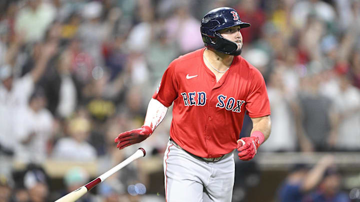Aug 8, 2025; San Diego, California, USA; Boston Red Sox right fielder Wilyer Abreu (52) hits a two-run home run during the fourth inning against the San Diego Padres at Petco Park. Mandatory Credit: Denis Poroy-Imagn Images