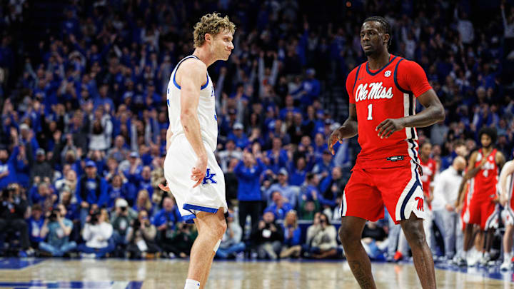 Jan 24, 2026; Lexington, Kentucky, USA; Kentucky Wildcats guard Collin Chandler (5) reacts after making a three point basket during the second half against the Mississippi Rebels at Rupp Arena at Central Bank Center. Mandatory Credit: Jordan Prather-Imagn Images Jan 24, 2026; Lexington, Kentucky, USA; Kentucky Wildcats guard Collin Chandler (5) reacts after making a three point basket during the second half against the Mississippi Rebels at Rupp Arena at Central Bank Center. Mandatory Credit: Jordan Prather-Imagn Images