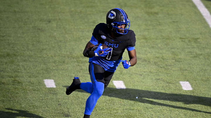Nov 16, 2024; Dallas, Texas, USA; SMU Mustangs running back Brashard Smith (1) in action during the game between the SMU Mustangs and the Boston College Eagles at Gerald J. Ford Stadium. Mandatory Credit: Jerome Miron-Imagn Images