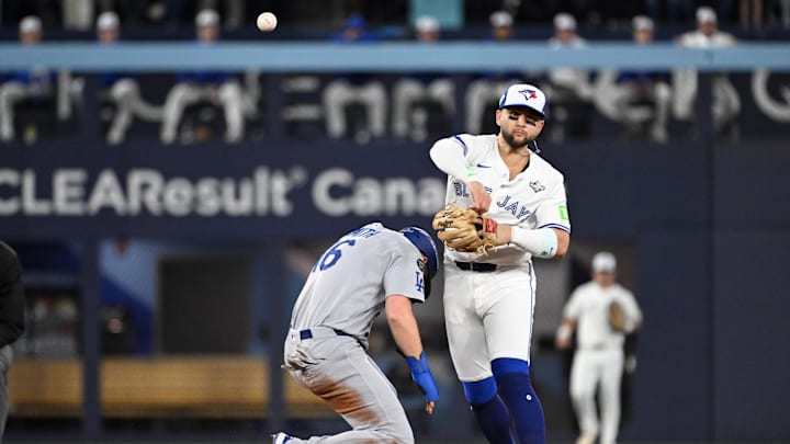 Oct 24, 2025; Toronto, Ontario, CAN; Los Angeles Dodgers catcher Will Smith (16) is out at second base as Toronto Blue Jays second baseman Bo Bichette (11) attempts to turn a double play in the second inning during game one of the 2025 MLB World Series at Rogers Centre. Mandatory Credit: Dan Hamilton-Imagn Images Oct 24, 2025; Toronto, Ontario, CAN; Los Angeles Dodgers catcher Will Smith (16) is out at second base as Toronto Blue Jays second baseman Bo Bichette (11) attempts to turn a double play in the second inning during game one of the 2025 MLB World Series at Rogers Centre. Mandatory Credit: Dan Hamilton-Imagn Images