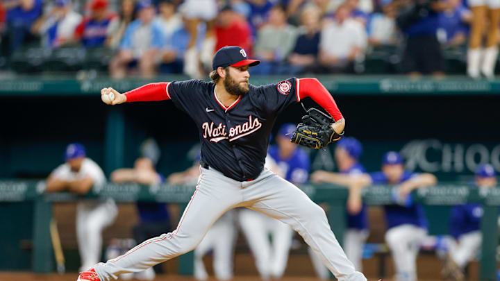 May 1, 2024; Arlington, Texas, USA; Washington Nationals pitcher Trevor Williams (32) throws during May 1, 2024; Arlington, Texas, USA; Washington Nationals pitcher Trevor Williams (32) throws during