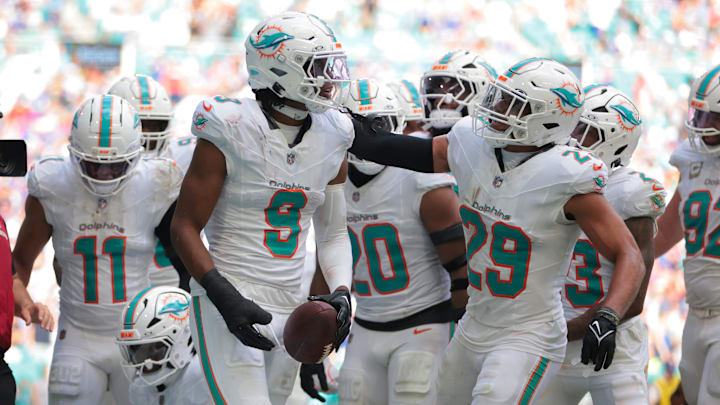 Miami Dolphins safety Ifeatu Melifonwu (9) celebrates safety Minkah Fitzpatrick (29) after an interception against the Buffalo Bills during the second half at Hard Rock Stadium. 