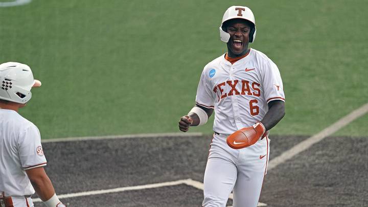 Texas Longhorns outfielder Anthony Pack Jr. comes home to score against the Oregon Ducks in the Austin Super Regional. Texas Longhorns outfielder Anthony Pack Jr. comes home to score against the Oregon Ducks in the Austin Super Regional.