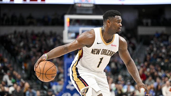 Jan 15, 2024; Dallas, Texas, USA; New Orleans Pelicans forward Zion Williamson (1) in action during the game between the Dallas Mavericks and the New Orleans Pelicans at the American Airlines Center. Mandatory Credit: Jerome Miron-Imagn Images