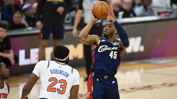 May 25, 2026; Cleveland, Ohio, USA; Cleveland Cavaliers guard Donovan Mitchell (45) shoots in the first quarter against the New York Knicks during game four of the eastern conference finals for the 2026 NBA playoffs at Rocket Arena. Mandatory Credit: David Richard-Imagn Images