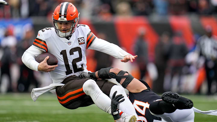 Cleveland Browns quarterback Jeff Driskel (12) is sacked by Cincinnati Bengals defensive end Sam