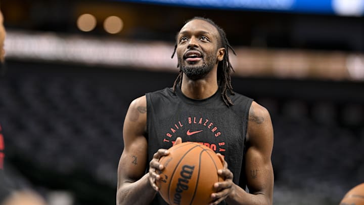Dec 23, 2024; Dallas, Texas, USA; Portland Trail Blazers forward Jerami Grant (9) warms up before the game between the Dallas Mavericks and the Portland Trail Blazers at the American Airlines Center. Mandatory Credit: Jerome Miron-Imagn Images