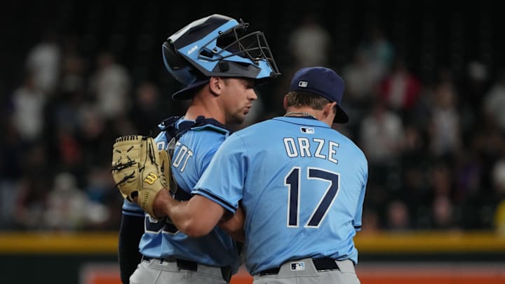 Tampa Bay Rays catcher Danny Jansen and pitcher Eric Orze (17) celebrate Wednesday's 7-6 win over the Arizona Diamondbacks. Tampa Bay Rays catcher Danny Jansen and pitcher Eric Orze (17) celebrate Wednesday's 7-6 win over the Arizona Diamondbacks.