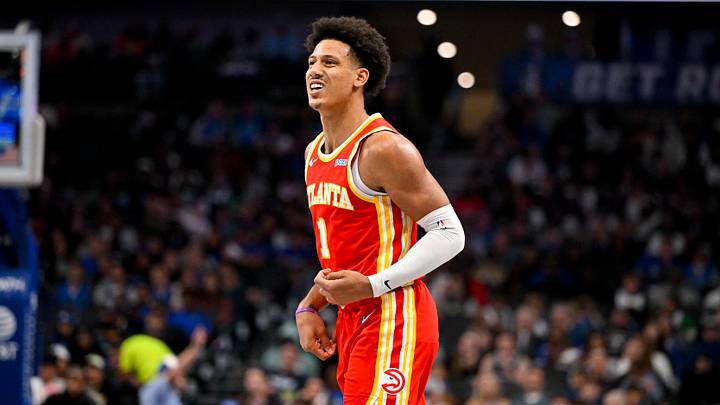 Oct 16, 2026; Dallas, Texas, USA; Atlanta Hawks forward Jalen Johnson (1) looks on during the game between the Mavericks and the Hawks at American Airlines Center. Mandatory Credit: Jerome Miron-Imagn Images