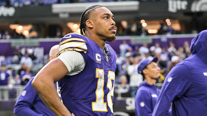 Jan 4, 2026; Minneapolis, Minnesota, USA; Minnesota Vikings wide receiver Justin Jefferson (18) looks on after the game against the Green Bay Packers at U.S. Bank Stadium. Mandatory Credit: Jeffrey Becker-Imagn Images