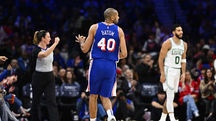 Philadelphia 76ers forward Nicolas Batum (33) reacts.