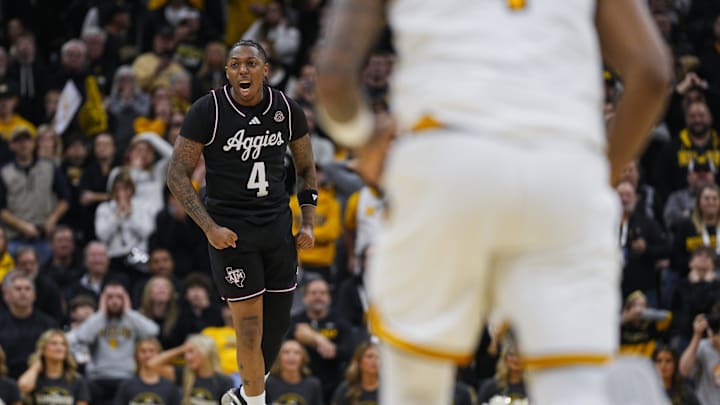 Feb 8, 2025; Columbia, Missouri, USA; Texas A&M Aggies guard Wade Taylor IV (4) celebrates after defeating the Missouri Tigers at Mizzou Arena. Mandatory Credit: Jay Biggerstaff-Imagn Images