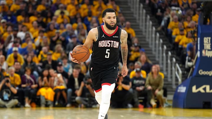 Apr 26, 2025; San Francisco, California, USA; Houston Rockets guard Fred VanVleet (5) dribbles against the Golden State Warriors during the fourth quarter of game three of first round for the 2024 NBA Playoffs at Chase Center. Mandatory Credit: Darren Yamashita-Imagn Images