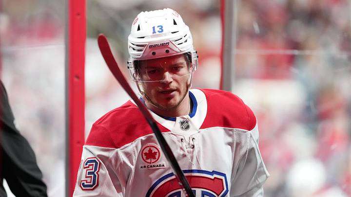 May 21, 2026; Raleigh, North Carolina, USA; Montreal Canadiens right wing Cole Caufield (13) leaves the ice after warmups before game one of the Eastern Conferene Final against the Carolina Hurricanes of the 2026 Stanley Cup Playoffs at Lenovo Center. Mandatory Credit: James Guillory-Imagn Images