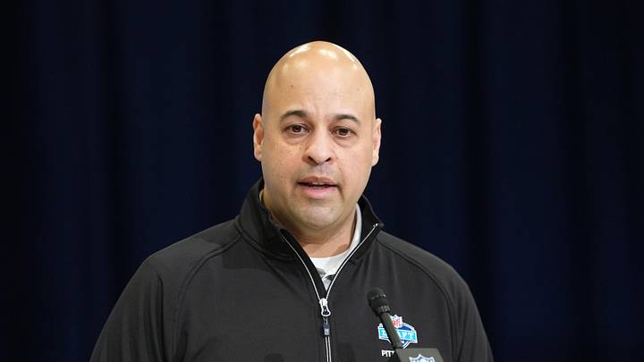 Feb 24, 2026; Indianapolis, IN, USA; Pittsburgh Steelers general manager Omar Khan speaks at the NFL Scouting Combine at the Indiana Convention Center. Mandatory Credit: Kirby Lee-Imagn Images