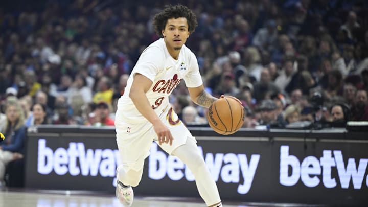 Apr 13, 2025; Cleveland, Ohio, USA; Cleveland Cavaliers guard Craig Porter Jr. (9) dribbles the ball in the first quarter against the Indiana Pacers at Rocket Arena. Mandatory Credit: David Richard-Imagn Images