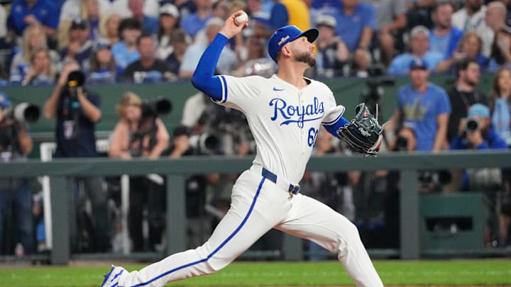 Oct 10, 2024; Kansas City, Missouri, USA; Kansas City Royals relief pitcher Lucas Erceg (60) delivers a pitch against the New York Yankees during game four of the NLDS for the 2024 MLB Playoffs at Kauffman Stadium. Mandatory Credit: Denny Medley-Imagn Images