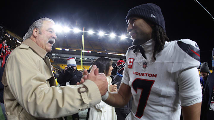 Jan 12, 2026; Pittsburgh, PA, USA; Houston Texans owner Cal McNair greets quarterback C.J. Stroud (7) after winning an AFC Wild Card Round game against the Pittsburgh Steelers at Acrisure Stadium. Mandatory Credit: Charles LeClaire-Imagn Images