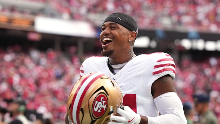 Sep 28, 2025; Santa Clara, California, USA; San Francisco 49ers wide receiver Kendrick Bourne (84) before the game against the Jacksonville Jaguars at Levi's Stadium. Mandatory Credit: Darren Yamashita-Imagn Images Sep 28, 2025; Santa Clara, California, USA; San Francisco 49ers wide receiver Kendrick Bourne (84) before the game against the Jacksonville Jaguars at Levi's Stadium. Mandatory Credit: Darren Yamashita-Imagn Images