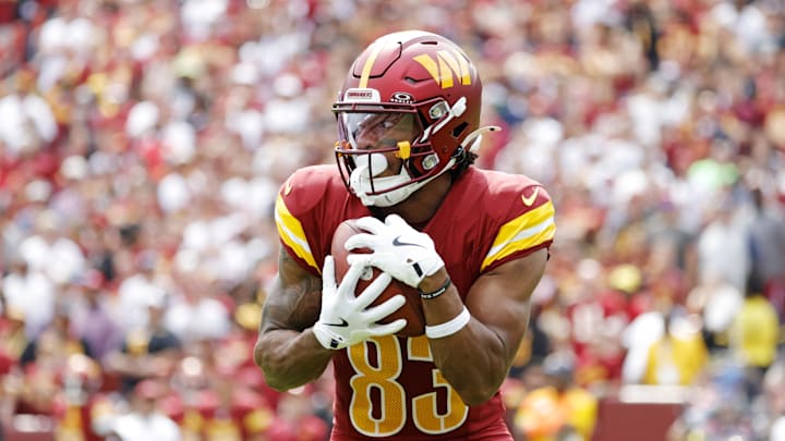 Washington Commanders wide receiver Jaylin Lane runs the ball during the first half against the Las Vegas Raiders.
