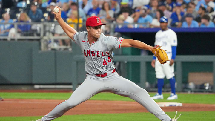 Aug 20, 2024; Kansas City, Missouri, USA; Los Angeles Angels pitcher Ben Joyce (44) delivers a pitch against the Kansas City Royals in the ninth inning at Kauffman Stadium. Mandatory Credit: Denny Medley-Imagn Images
