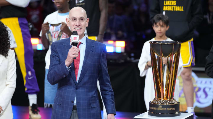 Dec 9, 2023; Las Vegas, Nevada, USA; NBA commissioner Adam Silver presents the NBA Cup to the Los Angeles Lakers after winning the in season tournament championship final against the Indiana Pacers at T-Mobile Arena. Mandatory Credit: Kyle Terada-USA TODAY Sports