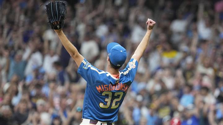 Jun 12, 2026; Milwaukee, Wisconsin, USA; Milwaukee Brewers pitcher Jacob Misiorowski (32) after a nine inning 6-0 win over the Philadelphia Phillies at American Family Field. Misiorowski (32) pitched all nine innings of the game. Mandatory Credit: Michael McLoone-Imagn Images Jun 12, 2026; Milwaukee, Wisconsin, USA; Milwaukee Brewers pitcher Jacob Misiorowski (32) after a nine inning 6-0 win over the Philadelphia Phillies at American Family Field. Misiorowski (32) pitched all nine innings of the game. Mandatory Credit: Michael McLoone-Imagn Images