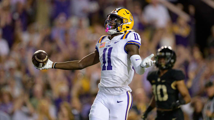 Oct 21, 2023; Baton Rouge, Louisiana, USA; LSU Tigers wide receiver Brian Thomas Jr. (11) celebrates