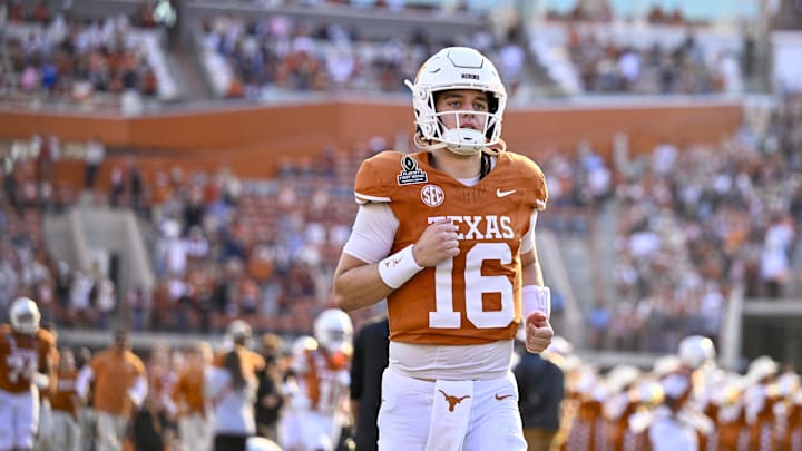 Dec 21, 2024; Austin, Texas, USA; Texas Longhorns quarterback Arch Manning (16) takes the field before the game between the Texas Longhorns and the Clemson Tigers in the CFP National Playoff First Round at Darrell K Royal-Texas Memorial Stadium. Mandatory Credit: Jerome Miron-Imagn Images