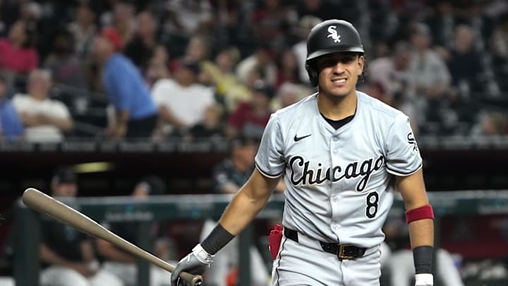 Jun 14, 2024; Phoenix, Arizona, USA; Chicago White Sox second base Nicky Lopez (8) reacts after striking out against the Arizona Diamondbacks in the fourth inning at Chase Field. Mandatory Credit: Rick Scuteri-Imagn Images
