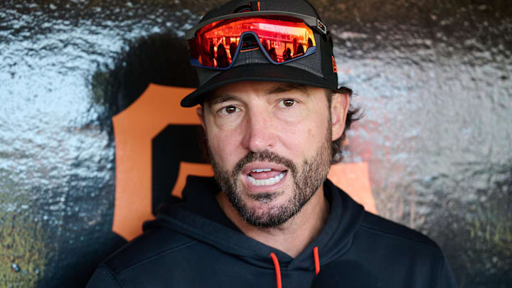 May 9, 2026; San Francisco, California, USA; San Francisco Giants manager Tony Vitello (23) speaks to the media before the game against the Pittsburgh Pirates at Oracle Park. Mandatory Credit: Robert Edwards-Imagn Images