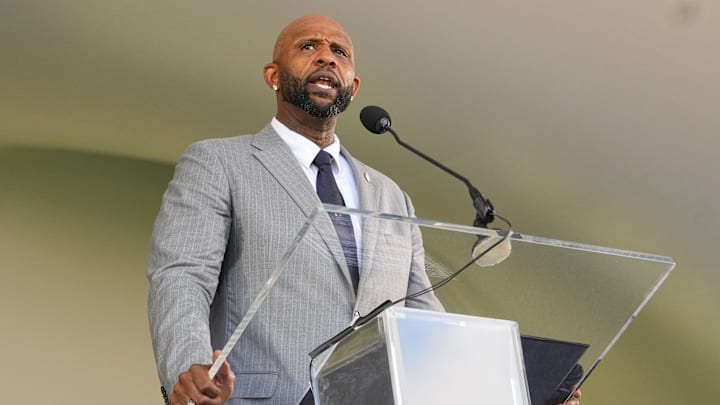Jul 27, 2025; Cooperstown, NY, USA; Hall of Fame inductee CC Sabathia makes his acceptance speech during the Baseball Hall of Fame Induction Ceremony at the Clark Sports Center.
