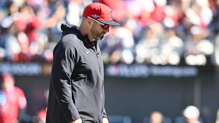 Oct 3, 2026: Cleveland Guardians manager Stephen Vogt (12) walks back to the dugout in Game 1 of the ALDS at Progressive Field. Credit: Ken Blaze-Imagn Images
