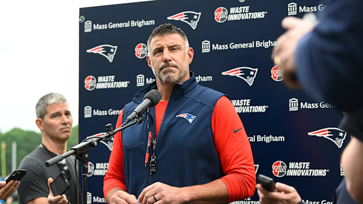 Jun 9, 2025; Foxborough, MA, USA; New England Patriots head coach Mike Vrabel holds a press conference before minicamp at Gillette Stadium. Mandatory Credit: Eric Canha-Imagn Images